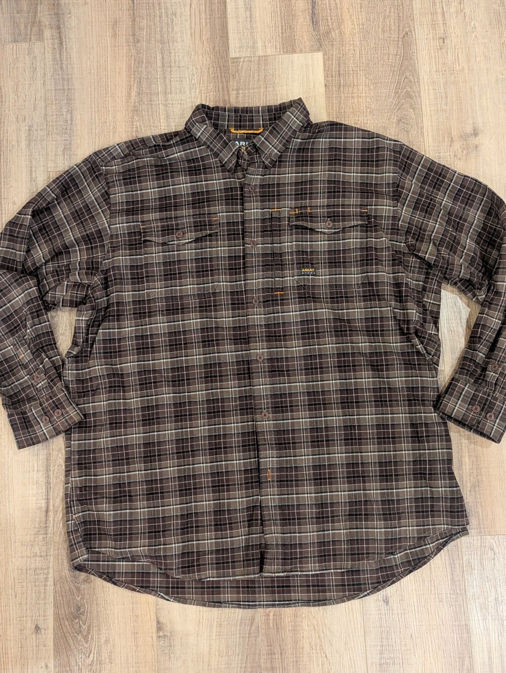 Ariat Rebar Heavy Flannel Work Shirt Mens XXL Brown Plaid Stretch Button Up